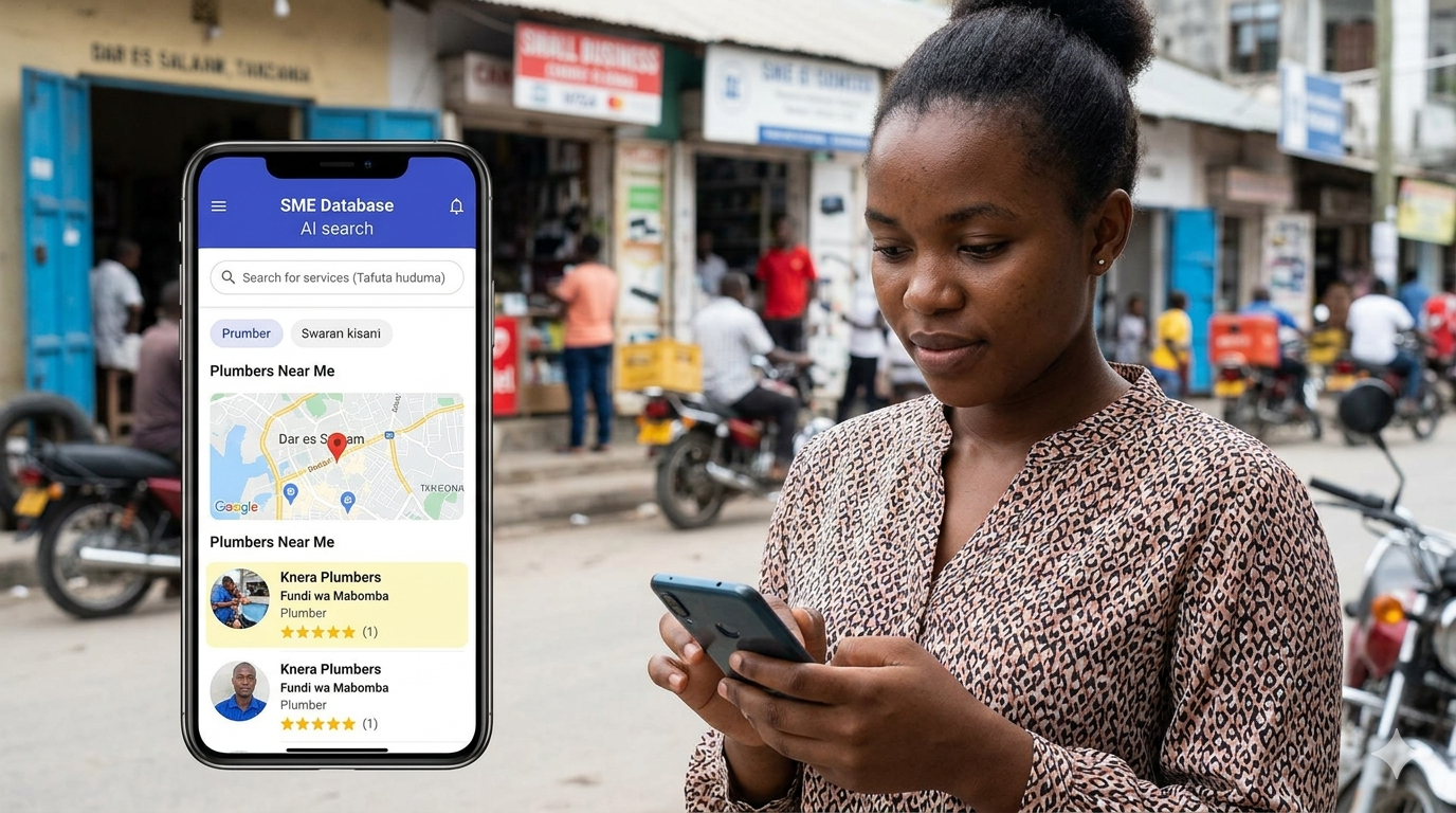SME Database business profile view showing ratings, contact info, and service details for Tanzanian businesses